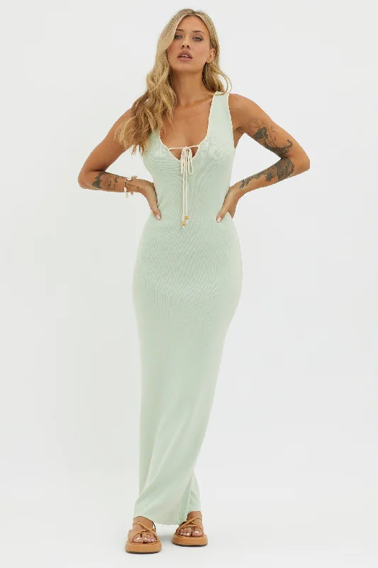 Wardrobe Refresh Karyssa Tied Bust Knit Maxi Dress Sage