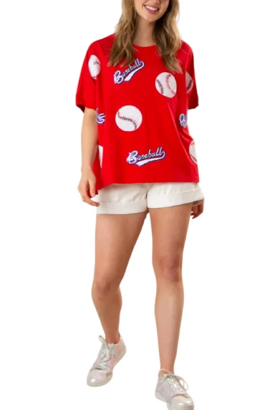 Sophisticated Fashion Sequin Baseball Oversized Top In Red