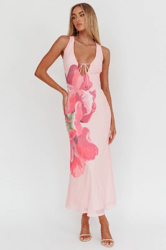 Premium Fabrics Cinders Tied Plunging Neckline Maxi Dress Flower Pink