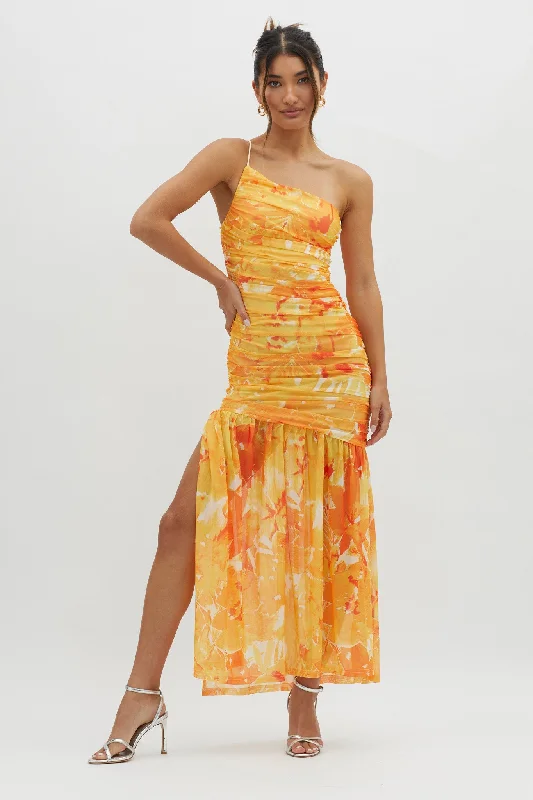 Chic Outfits Golden Sun One-Shoulder Ruched Maxi Dress Yellow