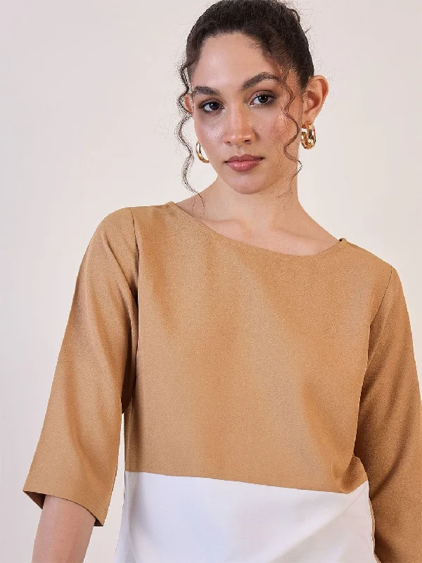 Everyday Fashion Beige And White Colourblock Top