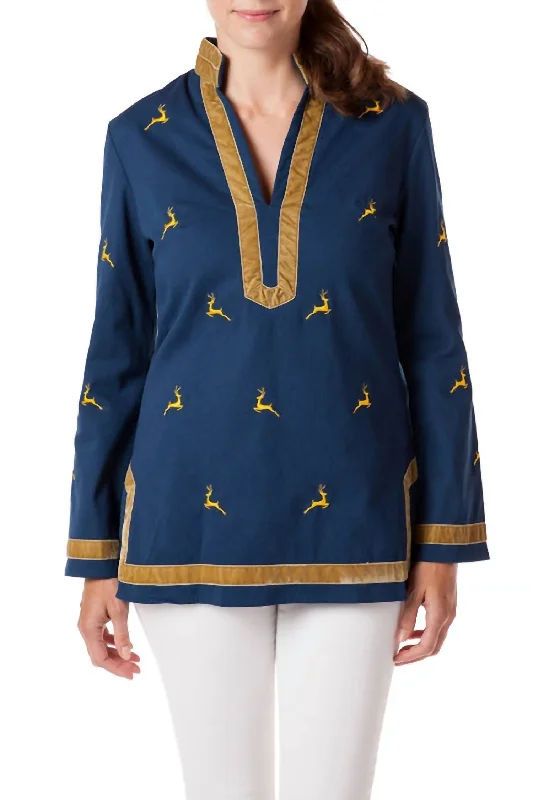 Earthy Tones Tunic Top With Leaping Reindeer In Nantucket Navy