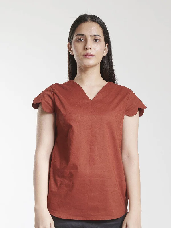 Woman Clothing V Neck Scalloped Detailed Cotton Top - Brick Red