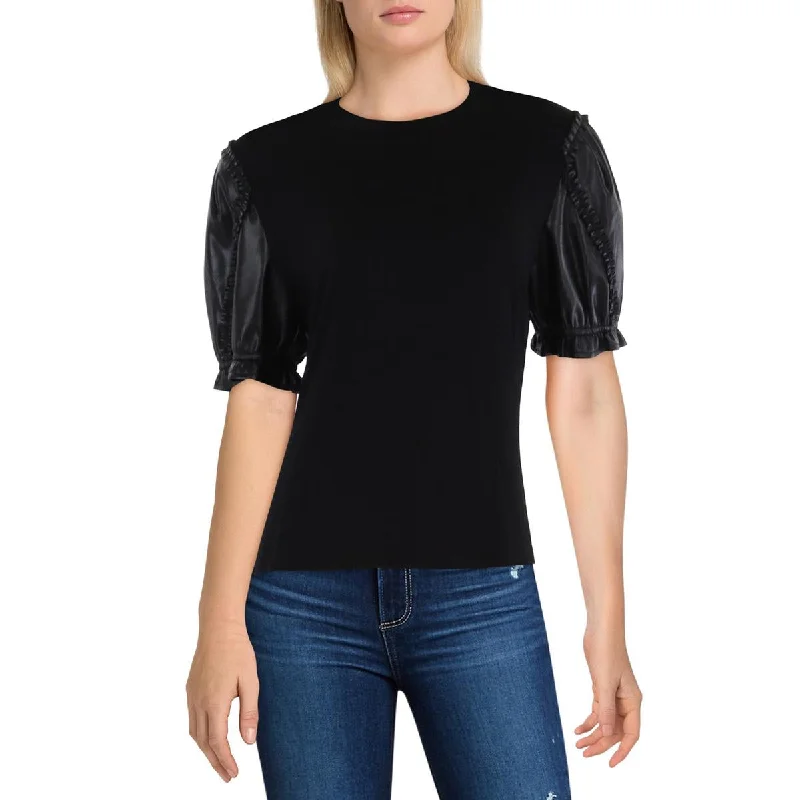 Elegant Simplicity Wardrobe Vereena Womens Faux Leather Trim Ruffled Pullover Top