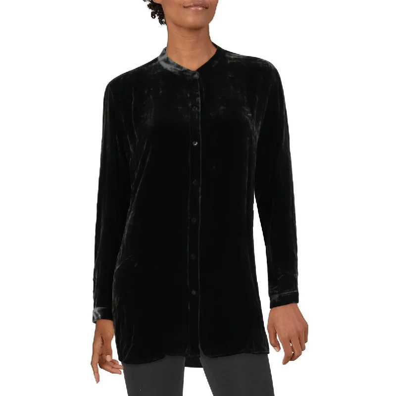 Seasonal Picks Womens Velvet Mandarin Collar Button-Down Top