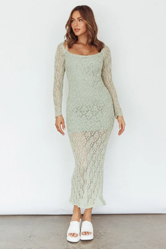 Versatile Women's Fashion Happy Place Long Sleeve Crochet Midi Dress Sage