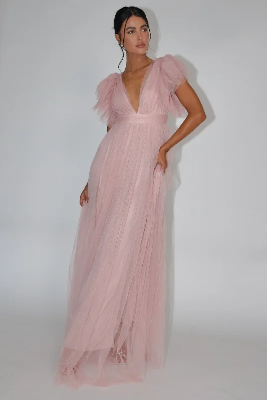 Special Offer Heaven's Love Deep V-Neck Tulle Maxi Dress Blush