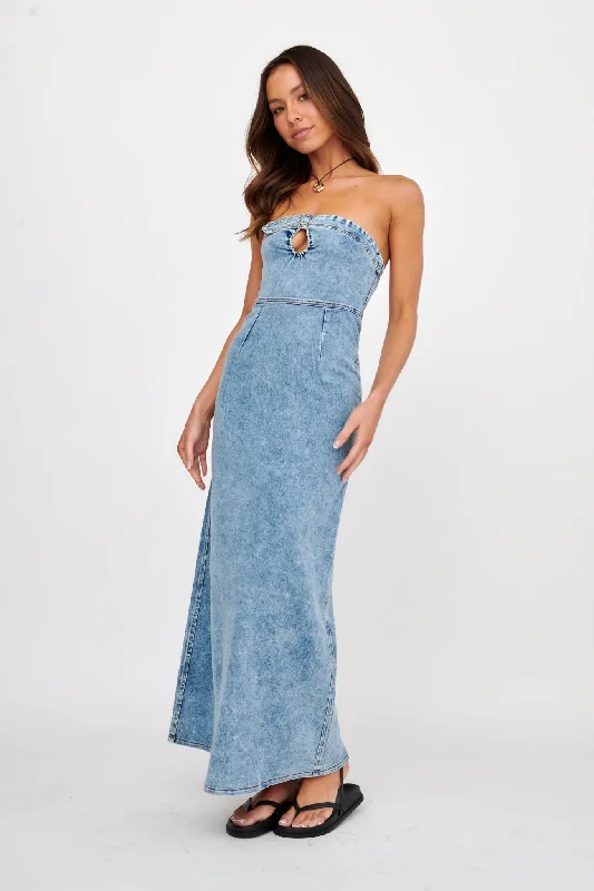 Online Boutique Clothing NOAH Strapless Buckle Maxi Dress Denim