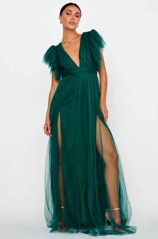 Colorful Clothing Heaven's Love Deep V-Neck Tulle Maxi Dress Hunter Green