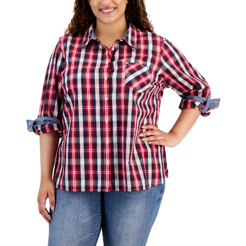 Trend Alert Plus Womens Collared Plaid Button-Down Top