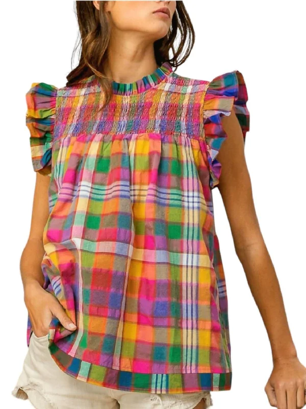 Affordable Women's Clothing Sale Online Becky Vintage Plaid Ruffle Sleeve Smocked Top In Multi Color