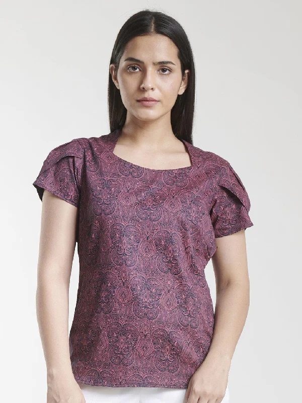 Women's Clothes Print Cotton Top - Purple