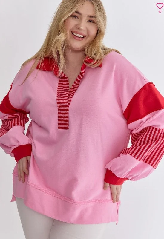 Flash Sales [entro] Pink & Red Collared Pull Over Top-Plus