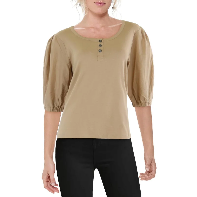 Style Streetwear Womens Puff Sleeve Henley Pullover Top