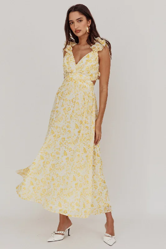 Elegant Fashion Madara Lace-Up Back Maxi Dress Floral Yellow