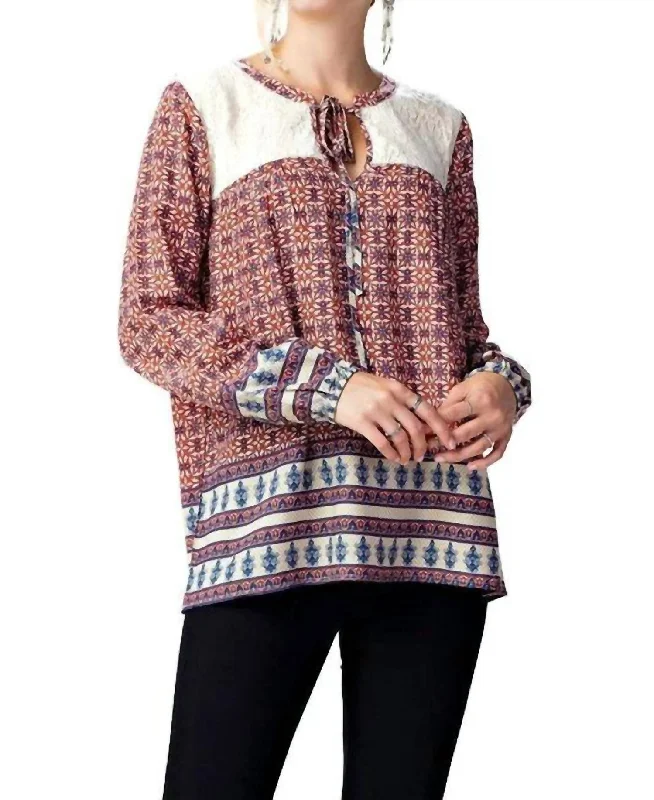 Women's Clothing for Every Occasion Border Print Lace Top In Red