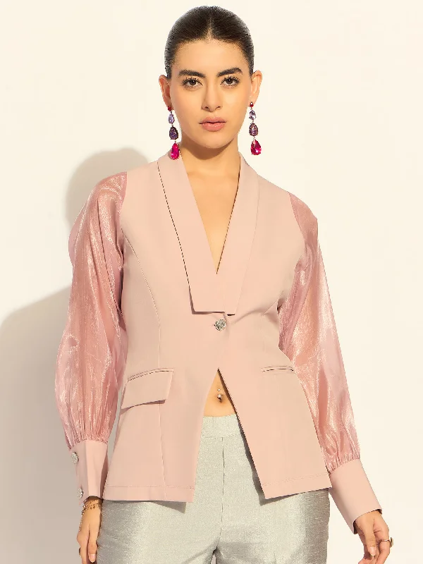 Chic Wardrobe Essentials Pink Puffed-Sleeves Split Joint Lapel Top In Stretchable Fabric