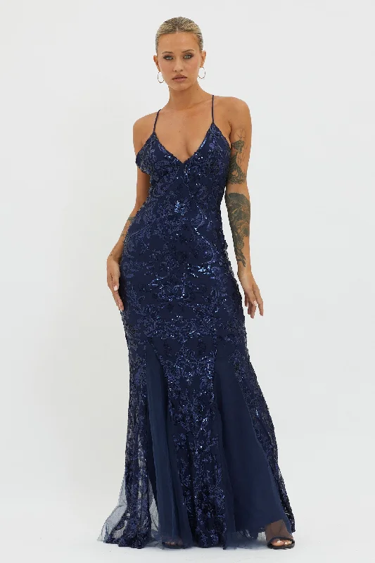 Trend Leading Collection Serenade Song Godet Hem Sequin Maxi Dress Navy