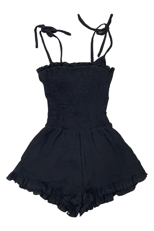 Fashionable Tops for Women Black Gauze Smocked Tie Back Romper