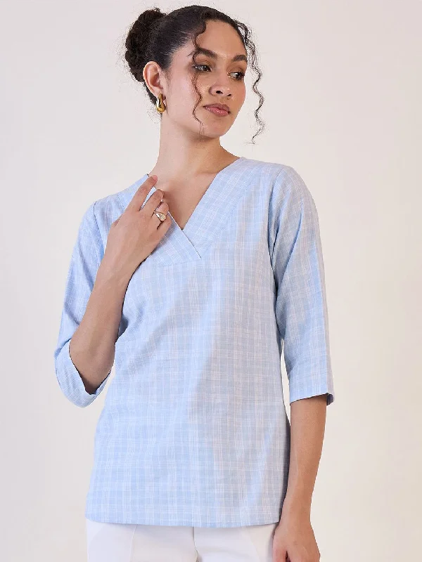 Elegant Fashion Blue Check V-Neck Top