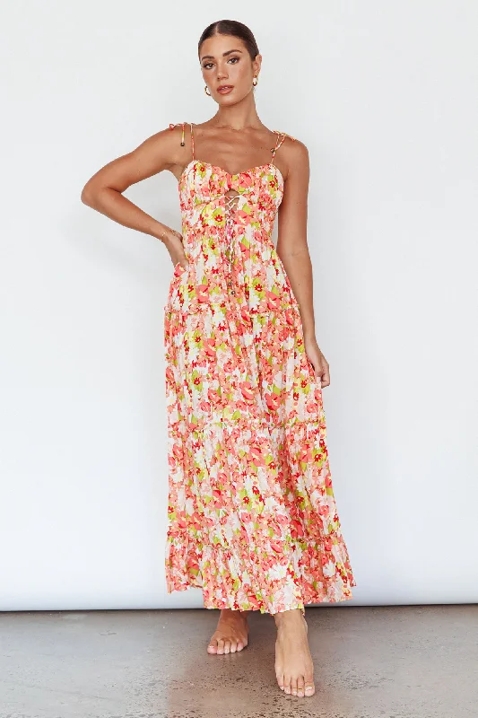 Trendy Attire For Her Kinlee Lace-Up Bodice Maxi Dress Floral Pink