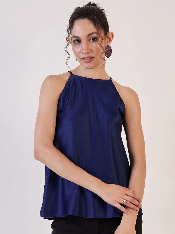 Graceful Fashion Blue Satin Halter Neck Top