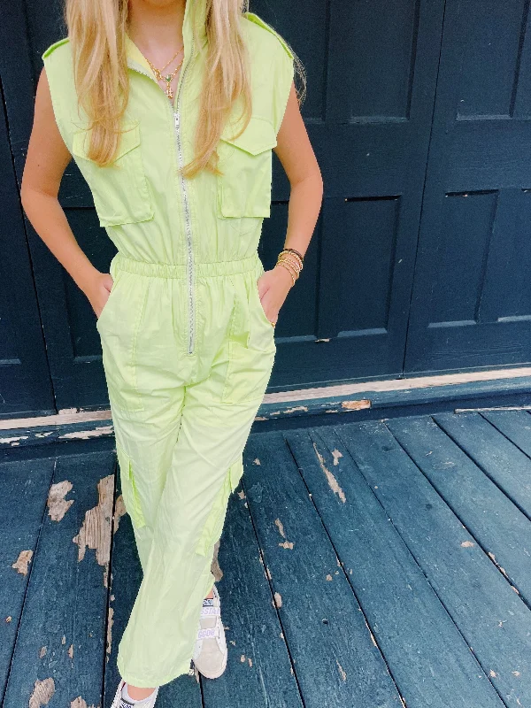 Preppy Style Work It Cargo Jumpsuit - Lime Light