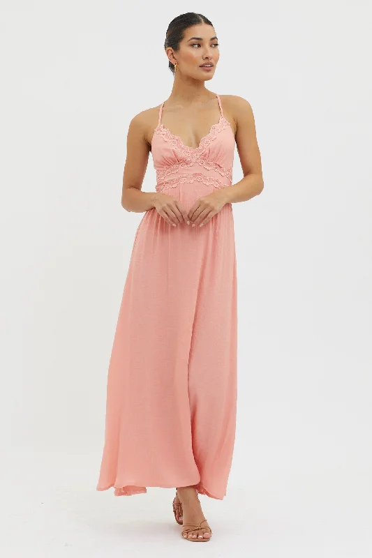 Seasonal Fashion Slow It Down Lace Trim Maxi Dress Peach