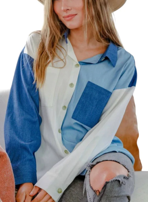 All Season Basics Discount Color-Block Button Up In Blue & White