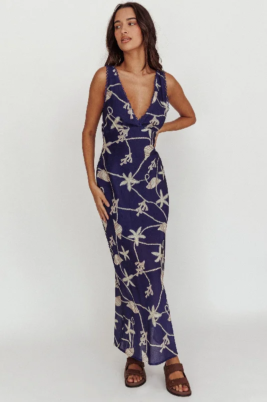 Trend Forward Threads Miss Divine V-Neck Ocean Maxi Dress Blue