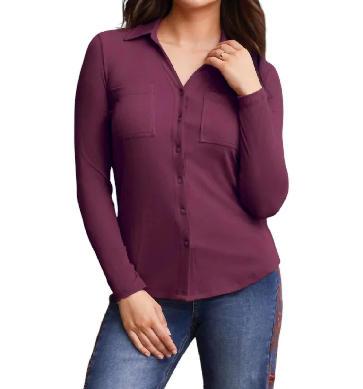 Chic Women's Outfit Ideas Soft Touch Mini Rib Button-Up Shirt In Wine