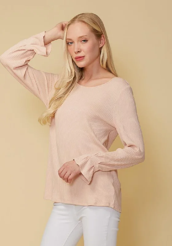 Comfortable Chic Ribbed Knit Top With Gathered Bell Cuff