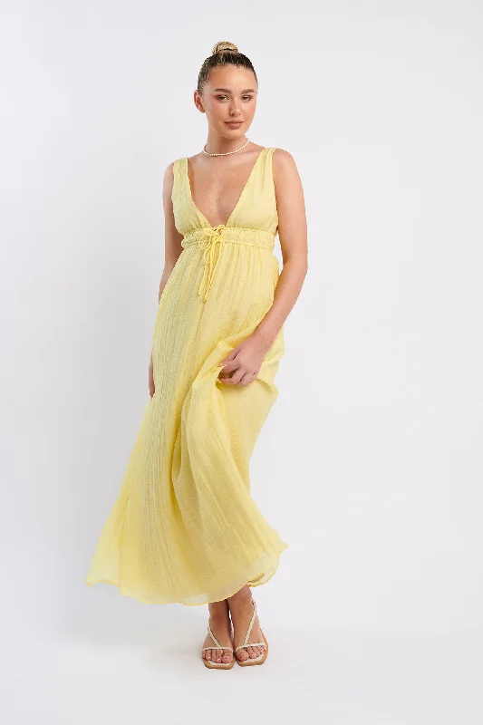 Casual Fashion Kylin V-Neck Tied Bust Maxi Dress Lemon