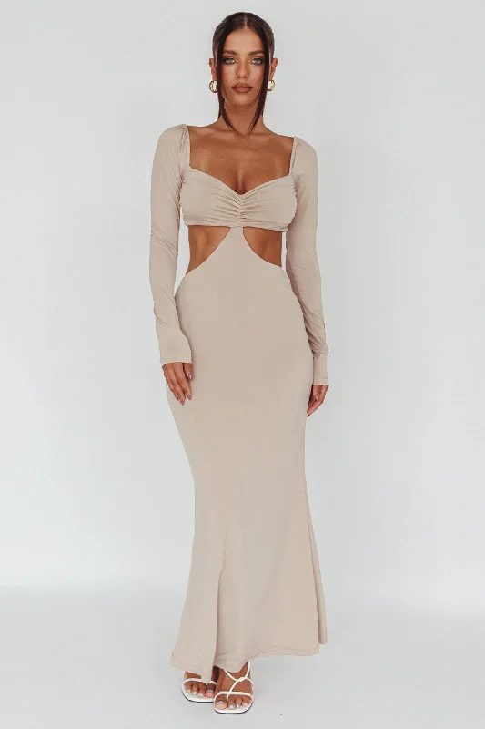 Hot Trends Vienna Long Sleeve Cut-Out Waist Maxi Dress Oat