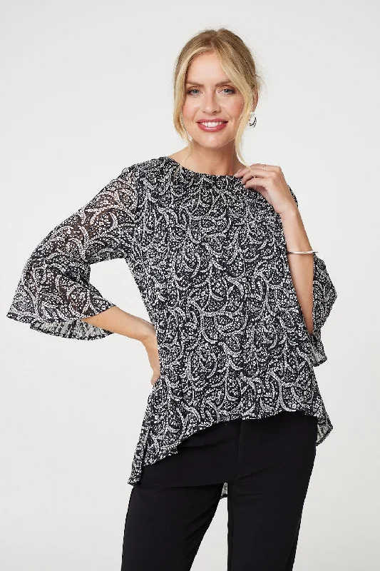 Hot Styles Leaf Print 3/4 Sleeve High Low Blouse