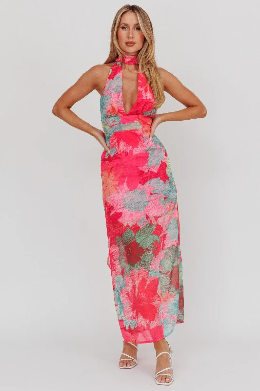 Budget-Friendly Fashion Cipriana Backless Halter Maxi Dress Floral Fuchsia