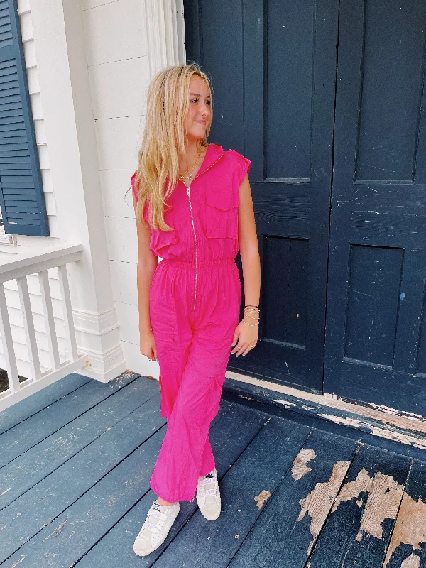 Sophisticated Style Work It Cargo Jumpsuit - Fuchsia