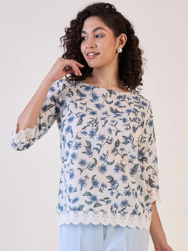 Free Spirited Fashion White Floral Boat Neck Top