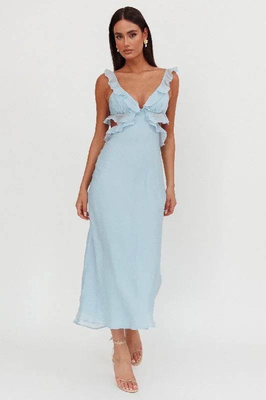 City Fashion Second Chances Ruffle Trim Maxi Dress Blue