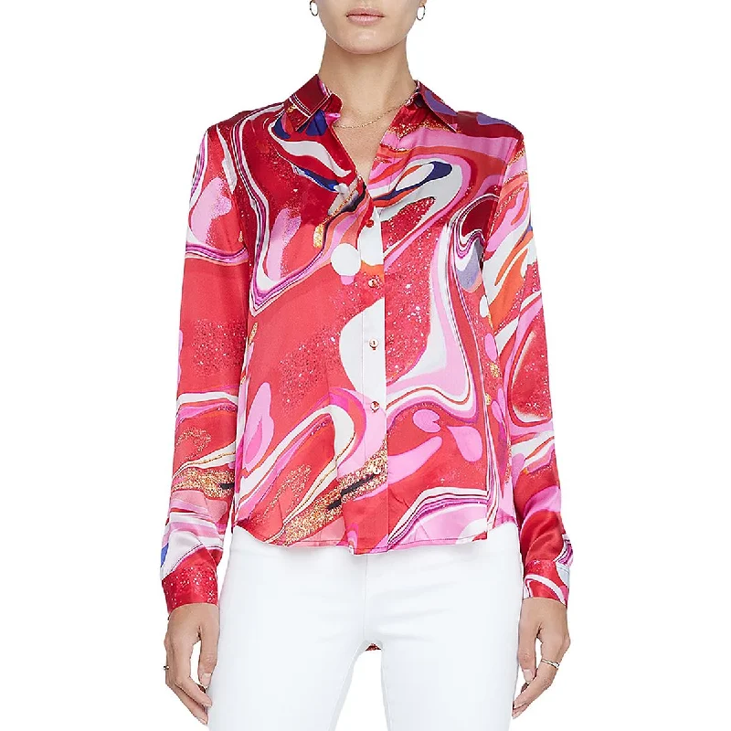 Must Haves Tyler Womens Silk Tie-Dye Button-Down Top