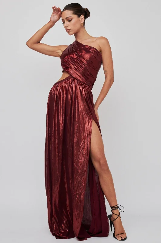 Style Upgrade Fortuna One Shoulder Split Maxi Dress Wine