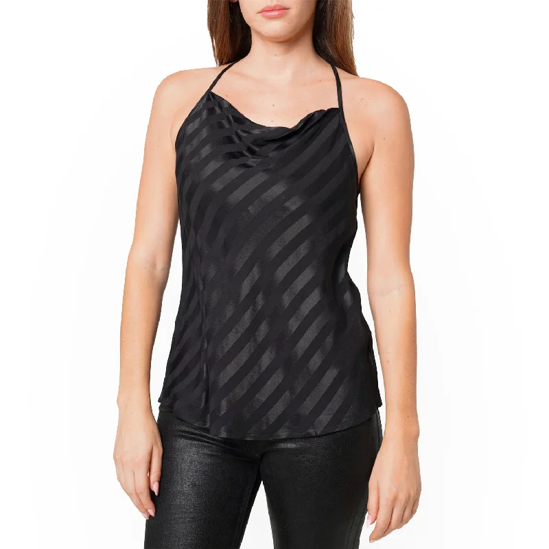 Discover Now Women's Stripe Satin Draped Neck Camisole in Black