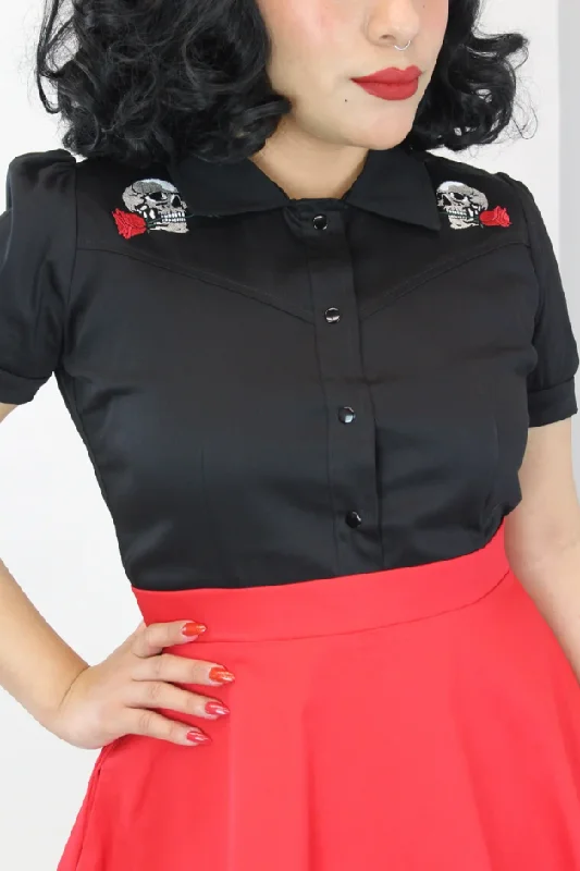 Special Occasion Wear Embroidered Skulls and Roses Black Western Women Top #E-SRBWT