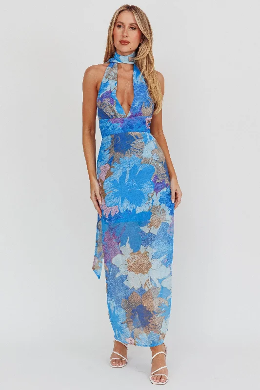 Wardrobe Update Cipriana Backless Halter Maxi Dress Floral Blue