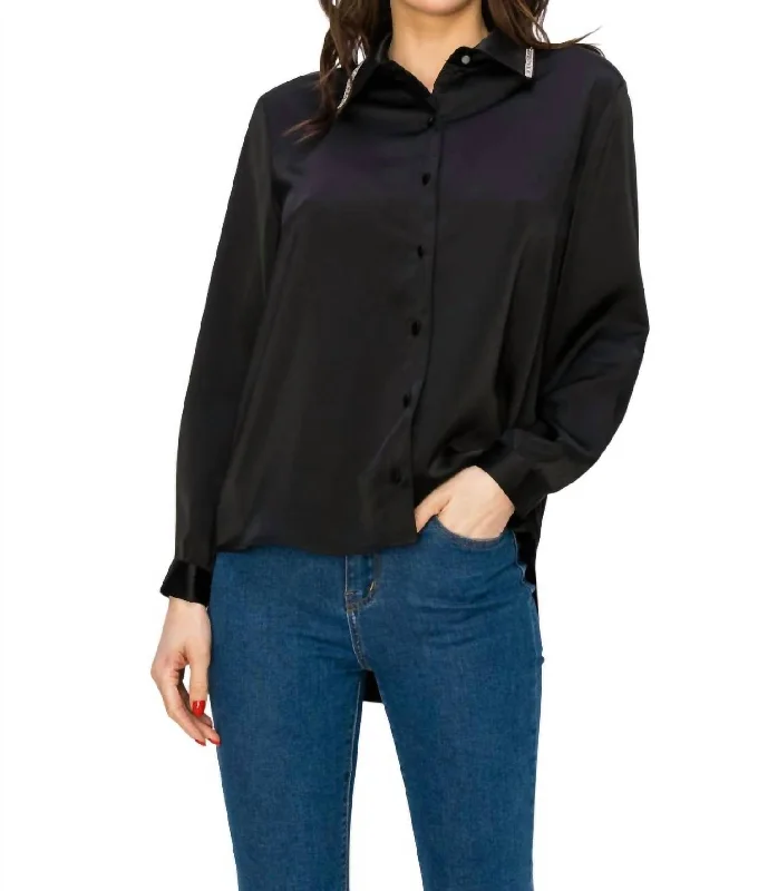 Stylish Loungewear for Women Wileene Satin Diamond Trim Shirt In Black