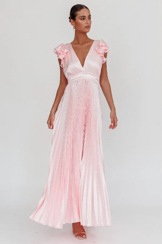 Style Upgrade Enchantment Ruffle Sleeve Pleat Maxi Dress Pink