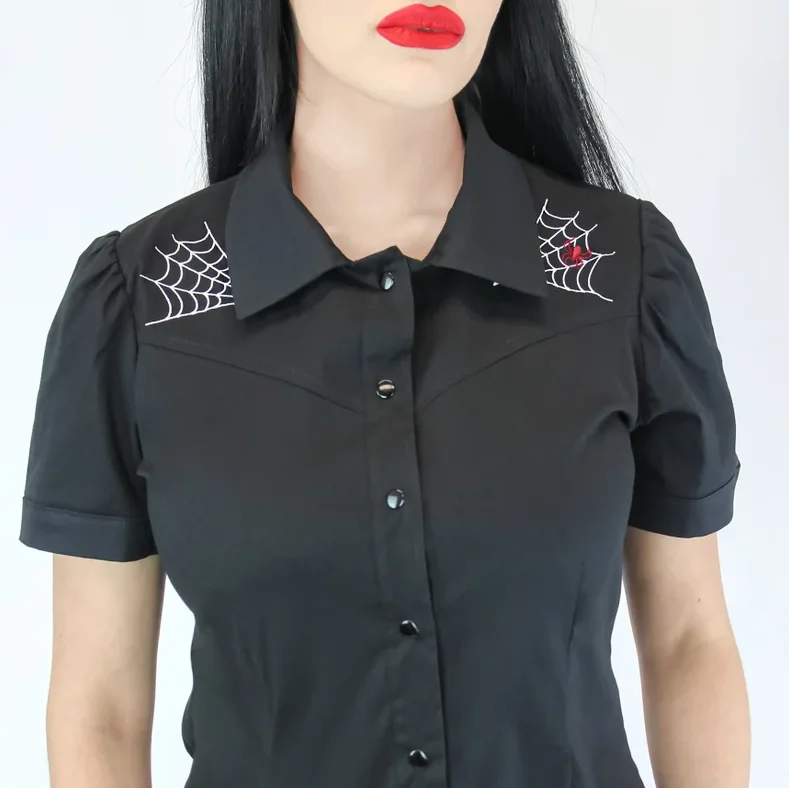 Clearance Event Embroidered Spiderwebs and Spider Black Western Women Top #E-SBWT