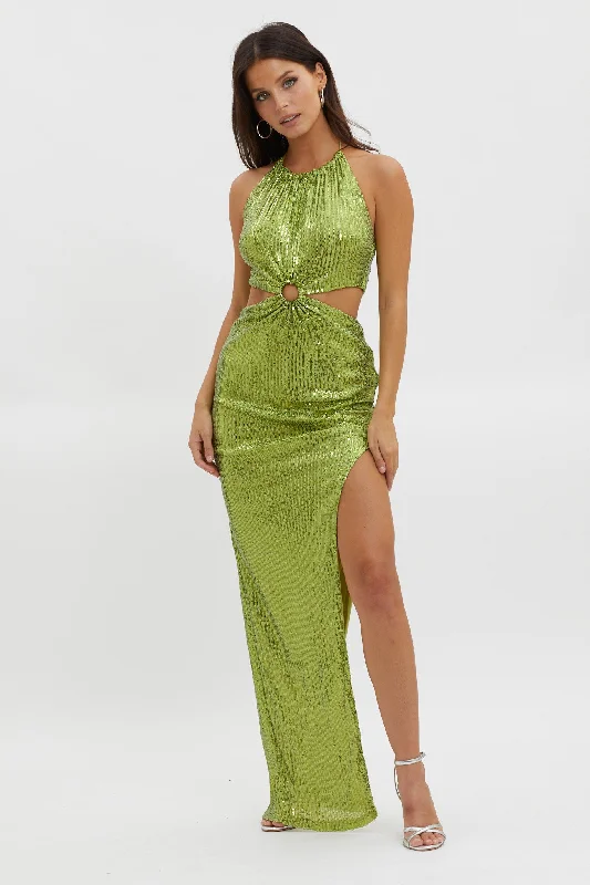 Pastel Styles Astral Halterneck Sequin Dress Lime