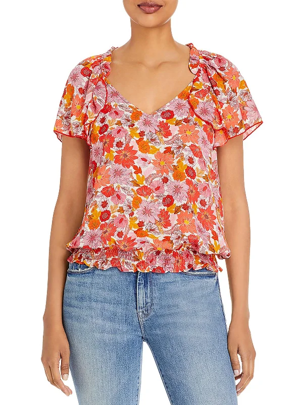 Fashionista Favorites Womens Floral Print Ruffle-Neck Pullover Top