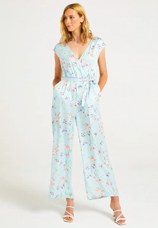 Casual Fashion Trends for Women Wrap Top Wide Leg Jumpsuit in Blue Floral Print